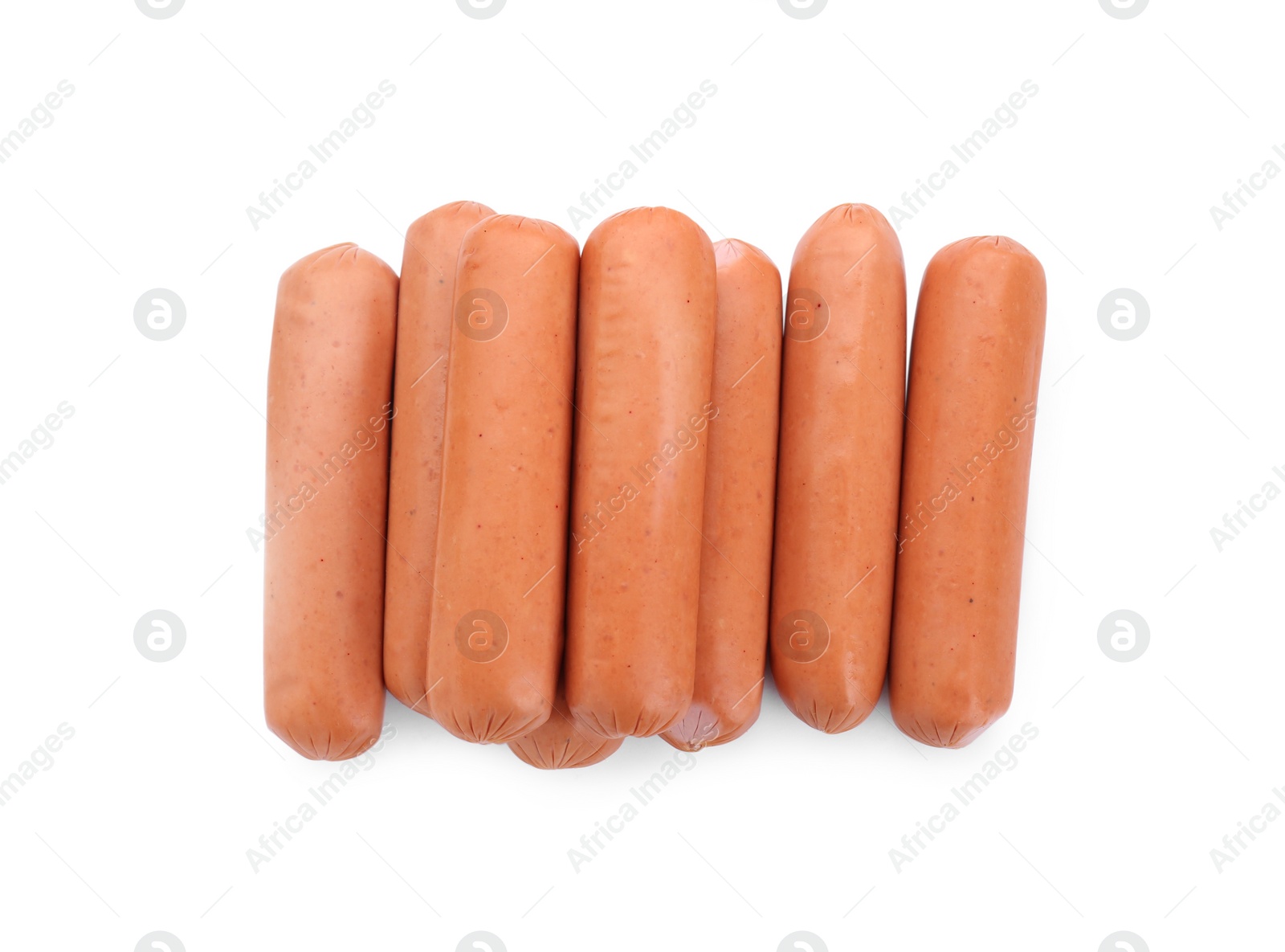 Photo of Fresh raw sausages isolated on white, top view. Meat product