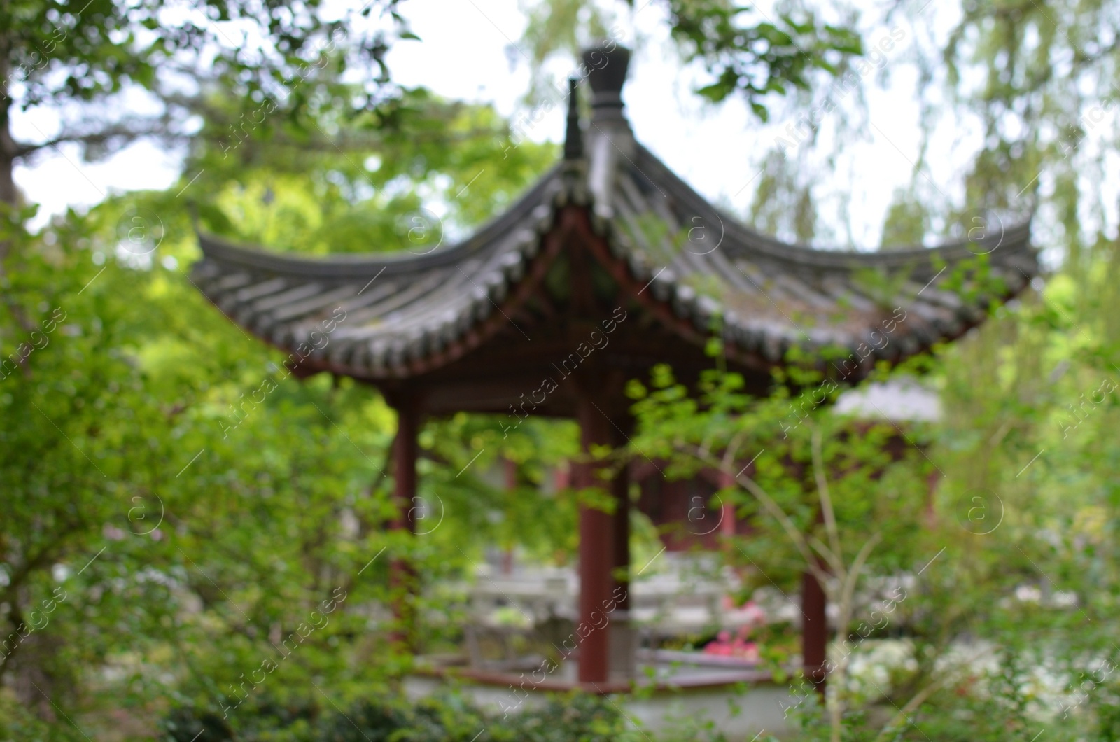 Photo of Blurred view of beautiful oriental pergola in park