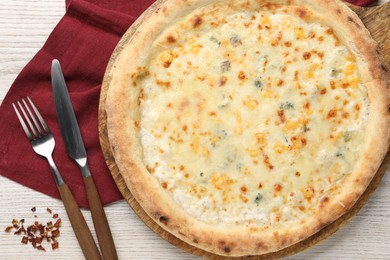 Photo of Delicious cheese pizza served on white wooden table, flat lay