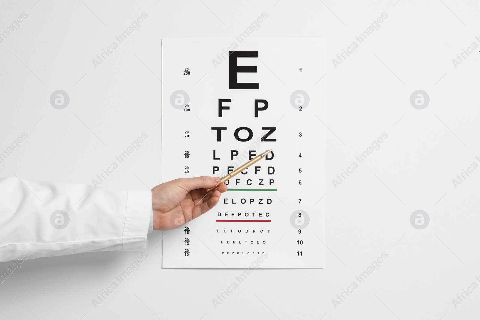 Photo of Ophthalmologist pointing at vision test chart on white background, closeup