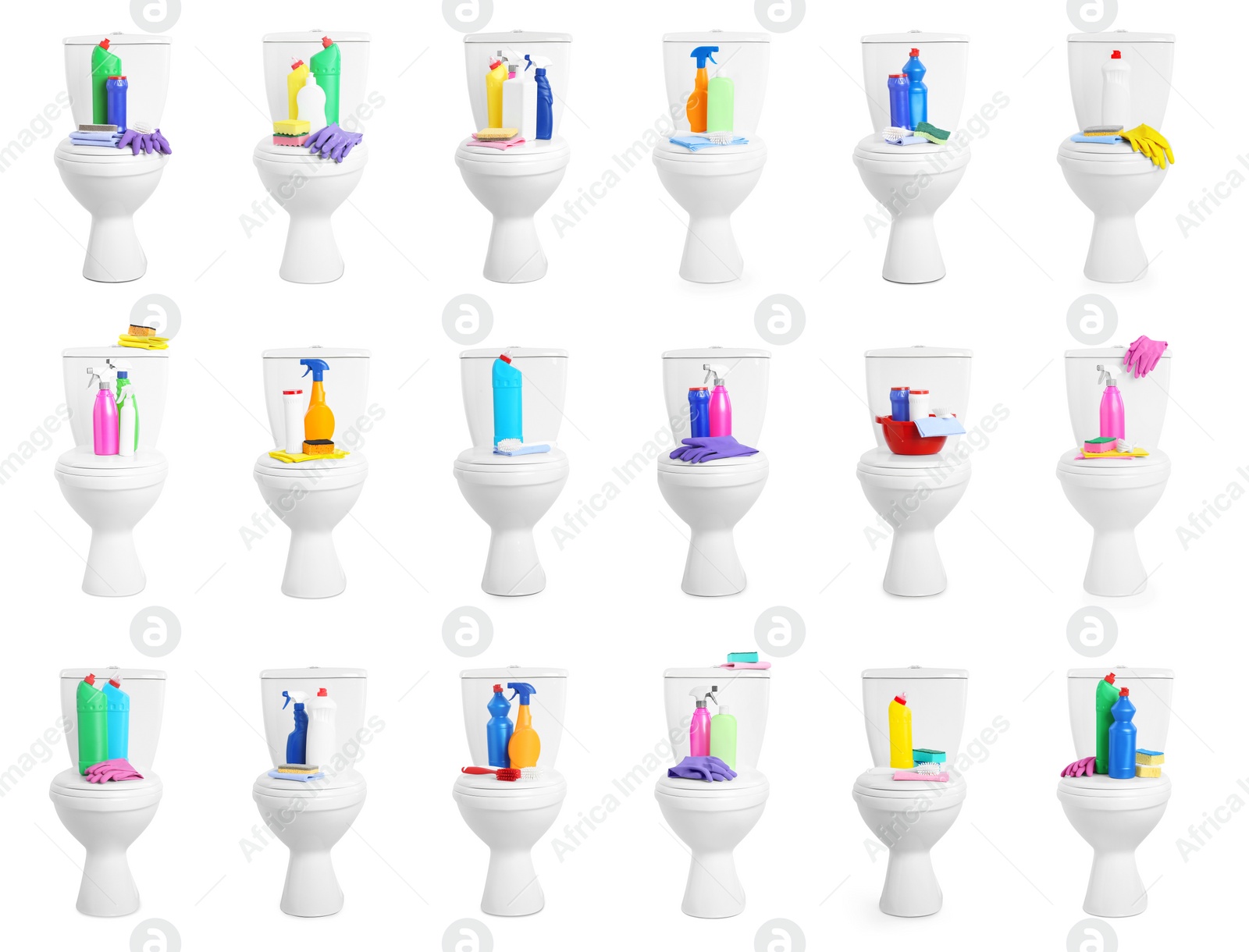 Image of Set with toilet bowls and cleaning supplies on white background