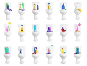 Image of Set with toilet bowls and cleaning supplies on white background