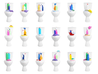 Set with toilet bowls and cleaning supplies on white background