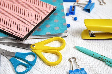 Different stationery on wooden table. Back to school