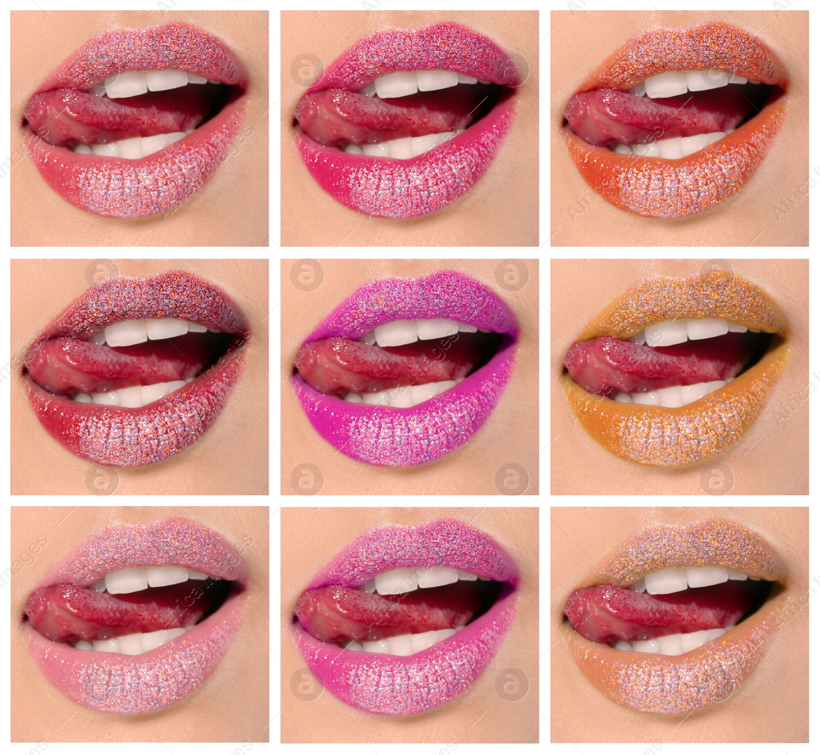 Image of Young woman with different color lipsticks, collage