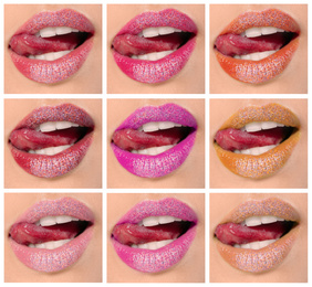 Young woman with different color lipsticks, collage