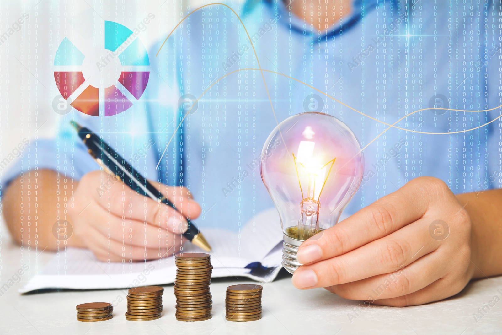 Image of Woman with light bulb, notebook and coins at white table, closeup. Energy saving