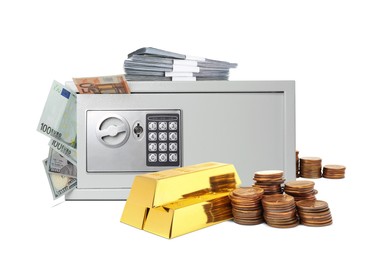 Image of Closed steel safe with money and gold bars on white background