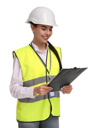 Photo of Engineer in hard hat holding clipboard on white background