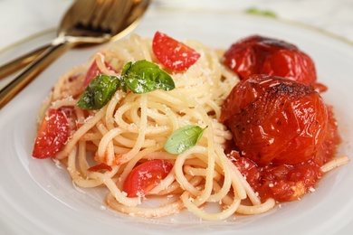 Photo of Plate with tasty fresh pasta on table, closeup