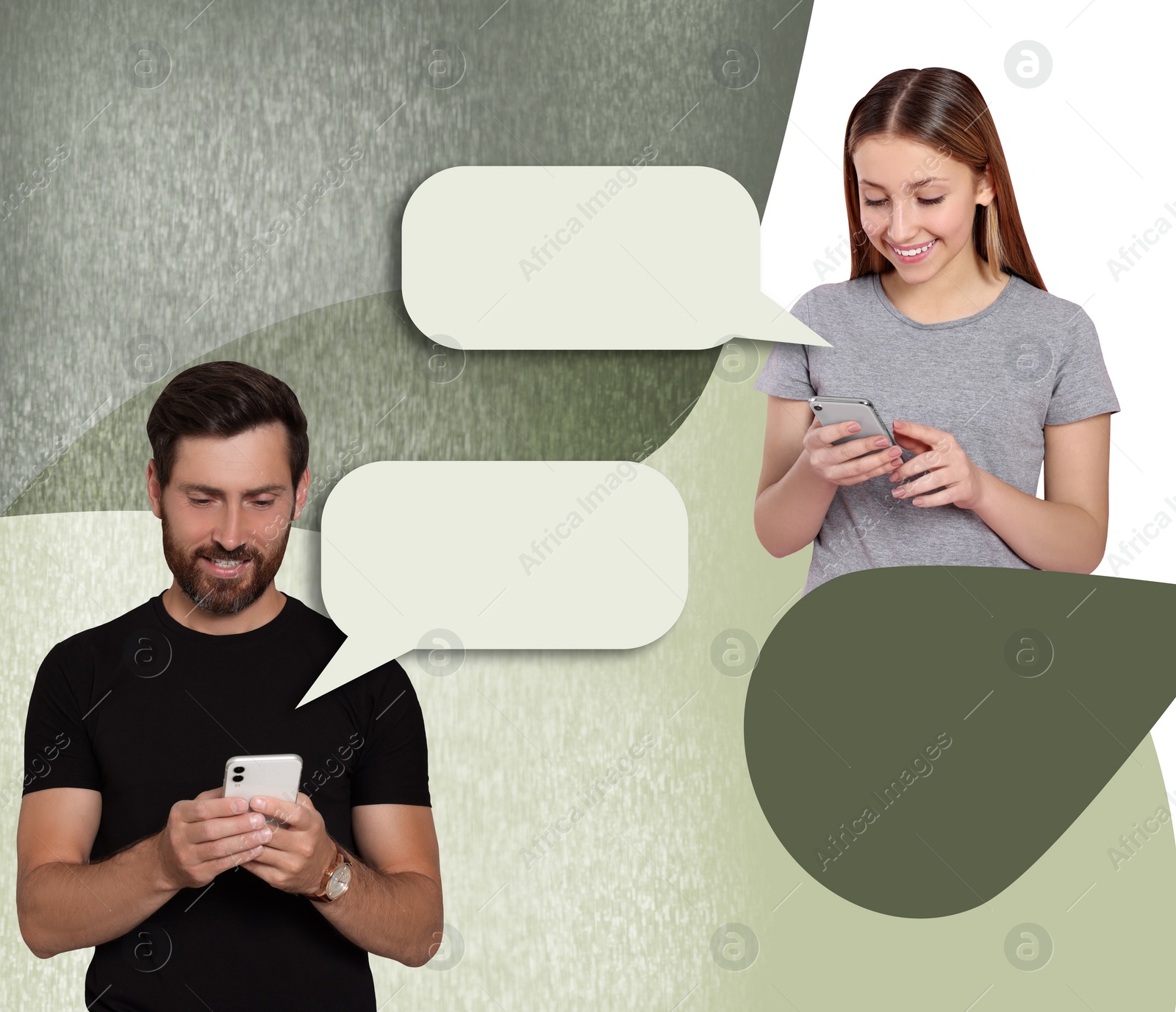 Image of Dialogue, chatting. Photos of people using mobile phones and speech bubbles near them, collage design