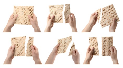 Image of Collage with photos of women holding matzos on white background, closeup. Pesach (Passover) celebration