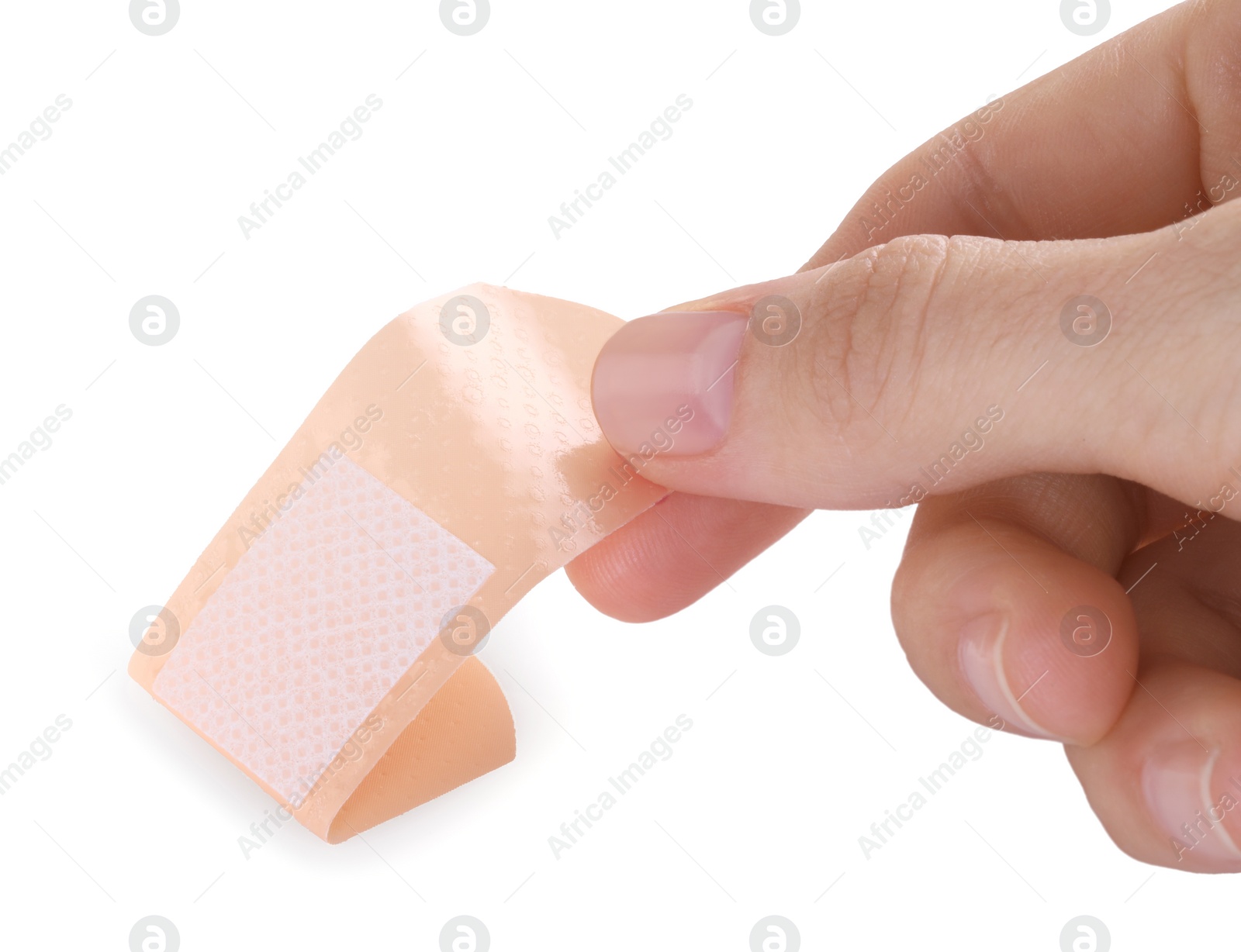 Photo of Woman with medical adhesive bandage isolated on white, closeup