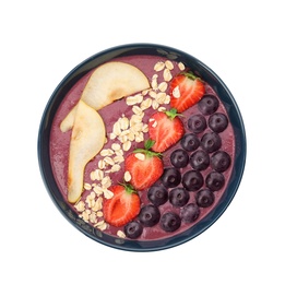 Bowl with tasty acai smoothie on white background, top view