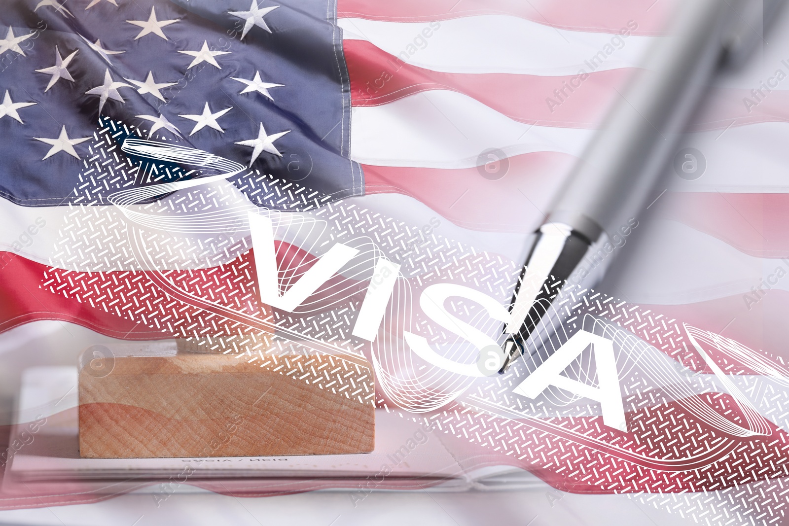 Image of Visa to United States of America, multiple exposure with national flag of USA