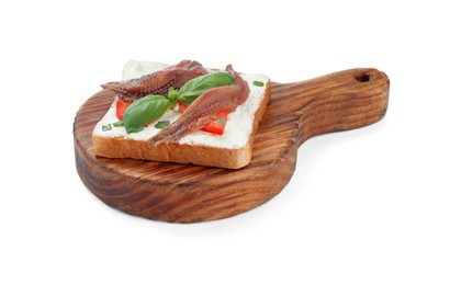 Photo of Delicious sandwich with cream cheese, anchovies, tomatoes and basil on white background