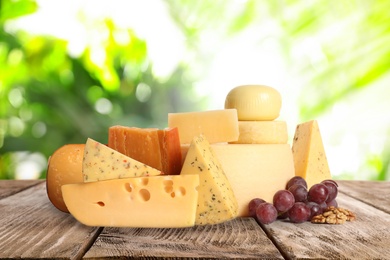 Image of Different types of delicious cheeses on wooden table outdoors. Dairy products