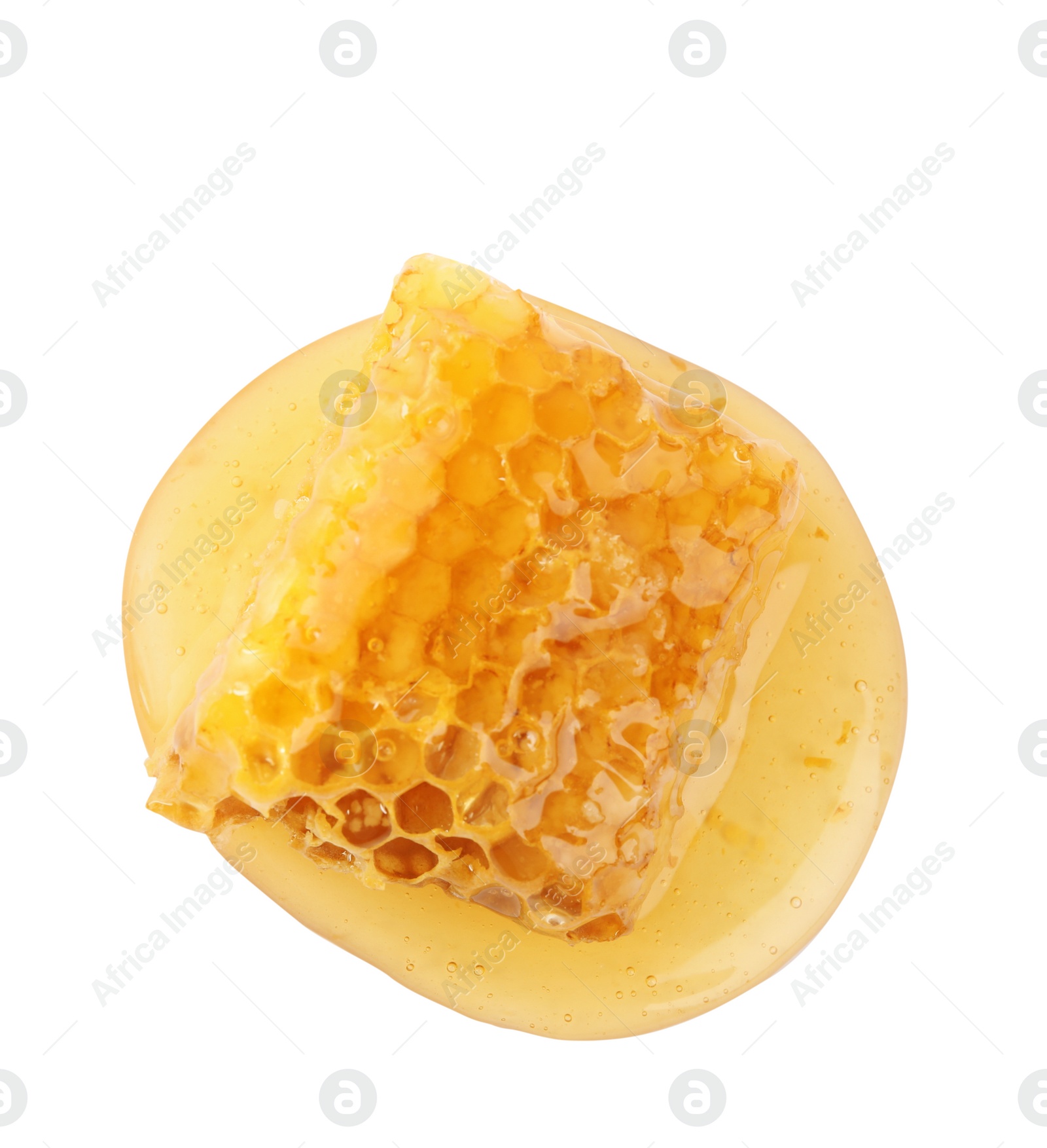 Photo of Piece of tasty fresh honeycomb isolated on white, top view