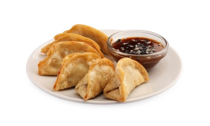 Photo of Delicious gyoza (asian dumplings) with soy sauce and sesame isolated on white