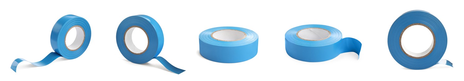 Image of Collage with light blue insulating tape on white background, different sides