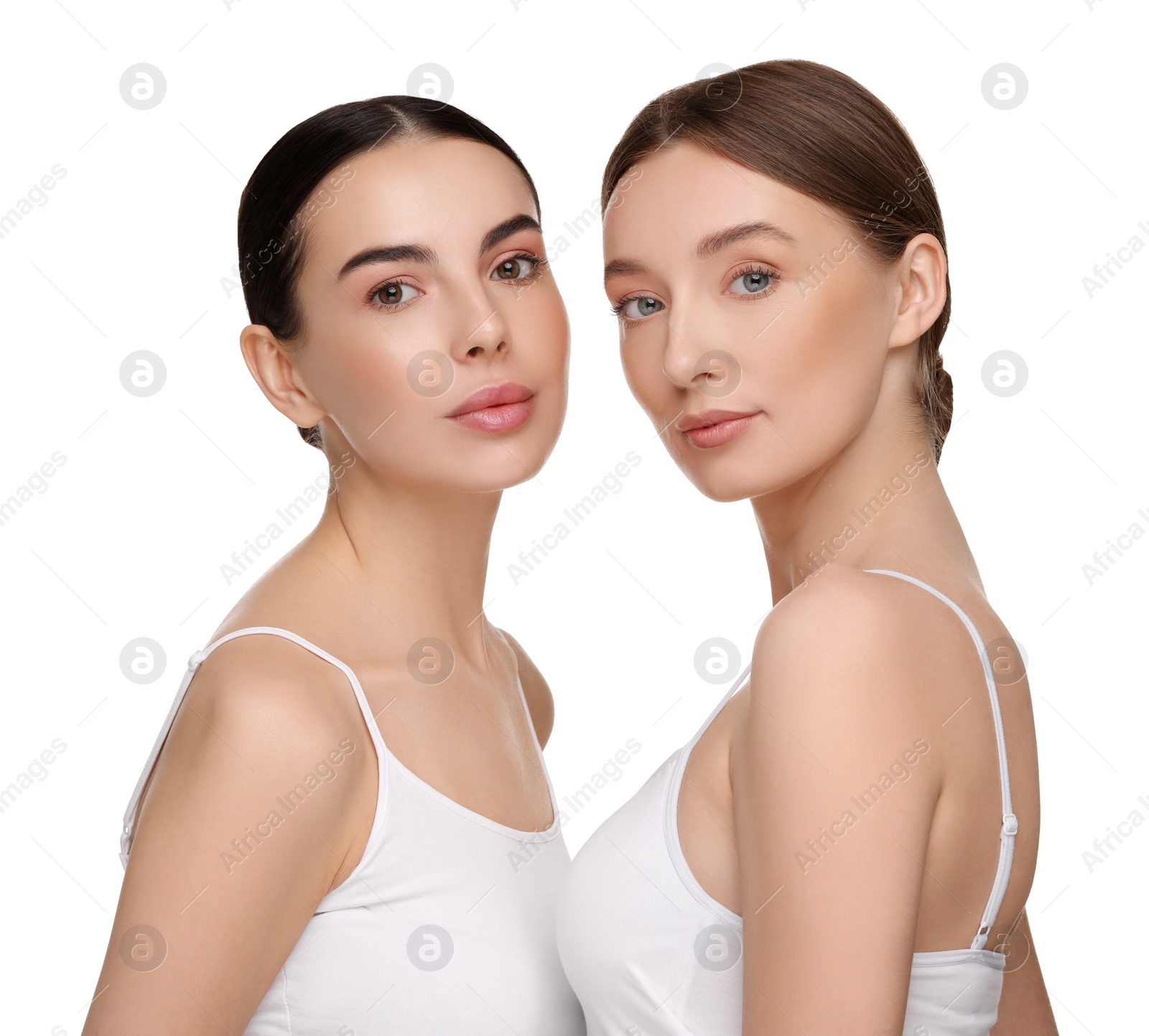 Photo of Beautiful young women with healthy skin on white background