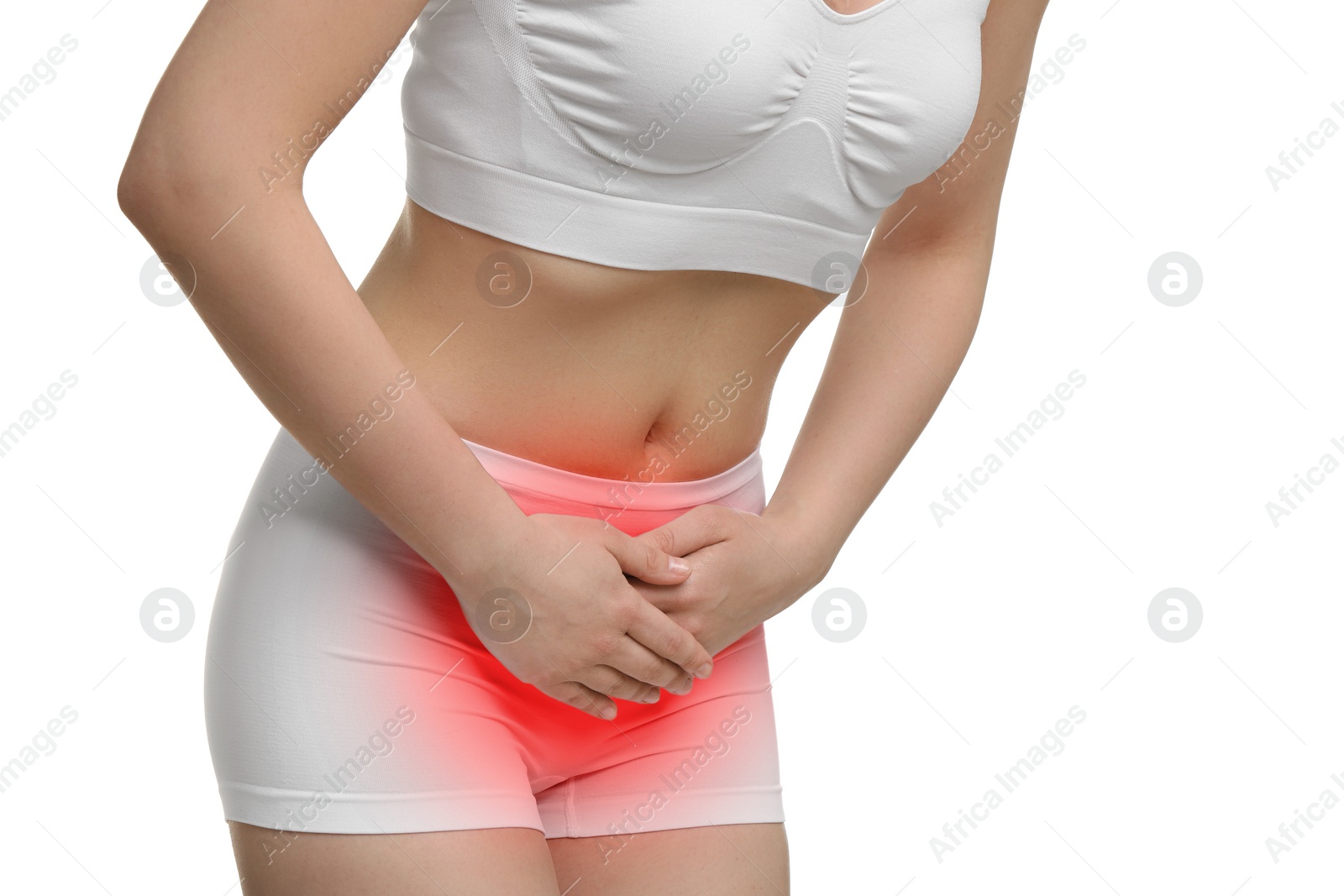 Image of Woman suffering from cystitis symptoms on white background, closeup