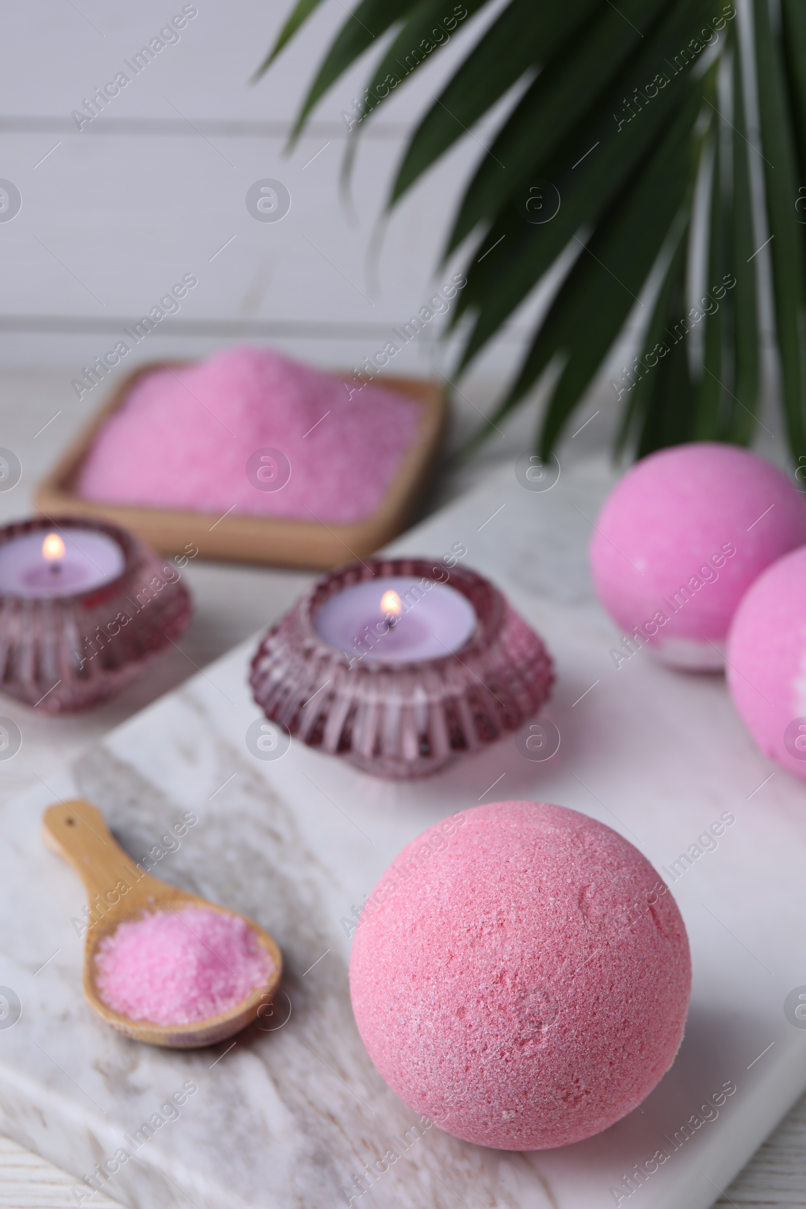 Photo of Beautiful composition with aromatic bath bombs on table