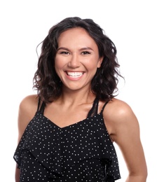 Photo of Happy young woman in casual outfit on white background