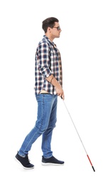 Blind man with long cane on white background