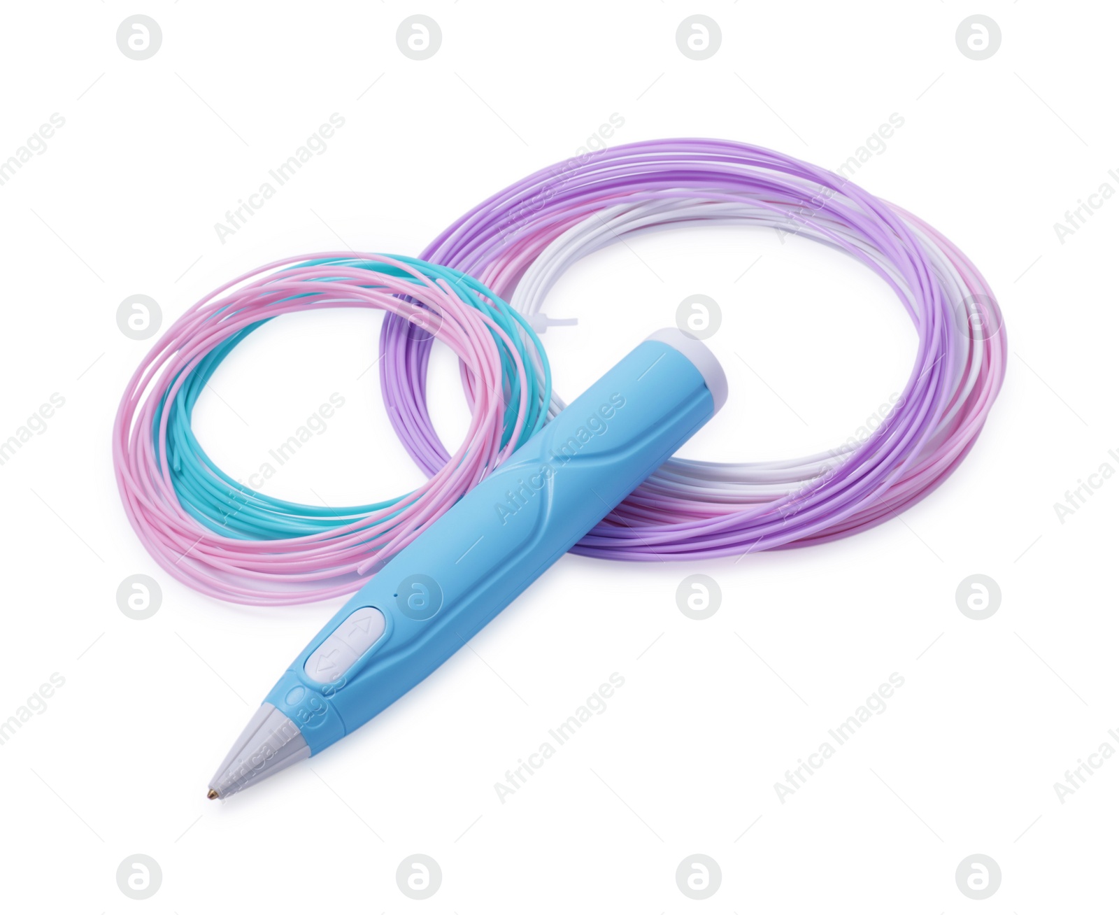 Photo of Stylish 3D pen and colorful plastic filaments on white background