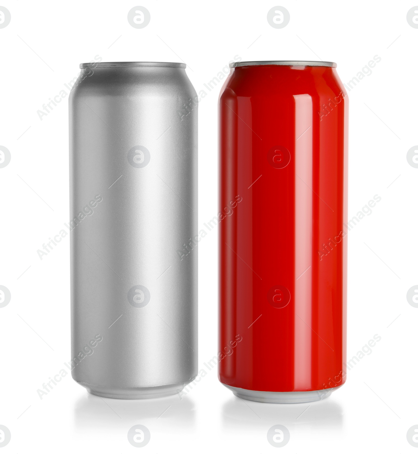 Photo of Aluminum cans with drinks on white background