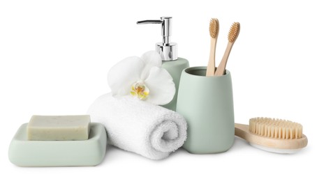 Bath accessories. Set of different personal care products and flower isolated on white