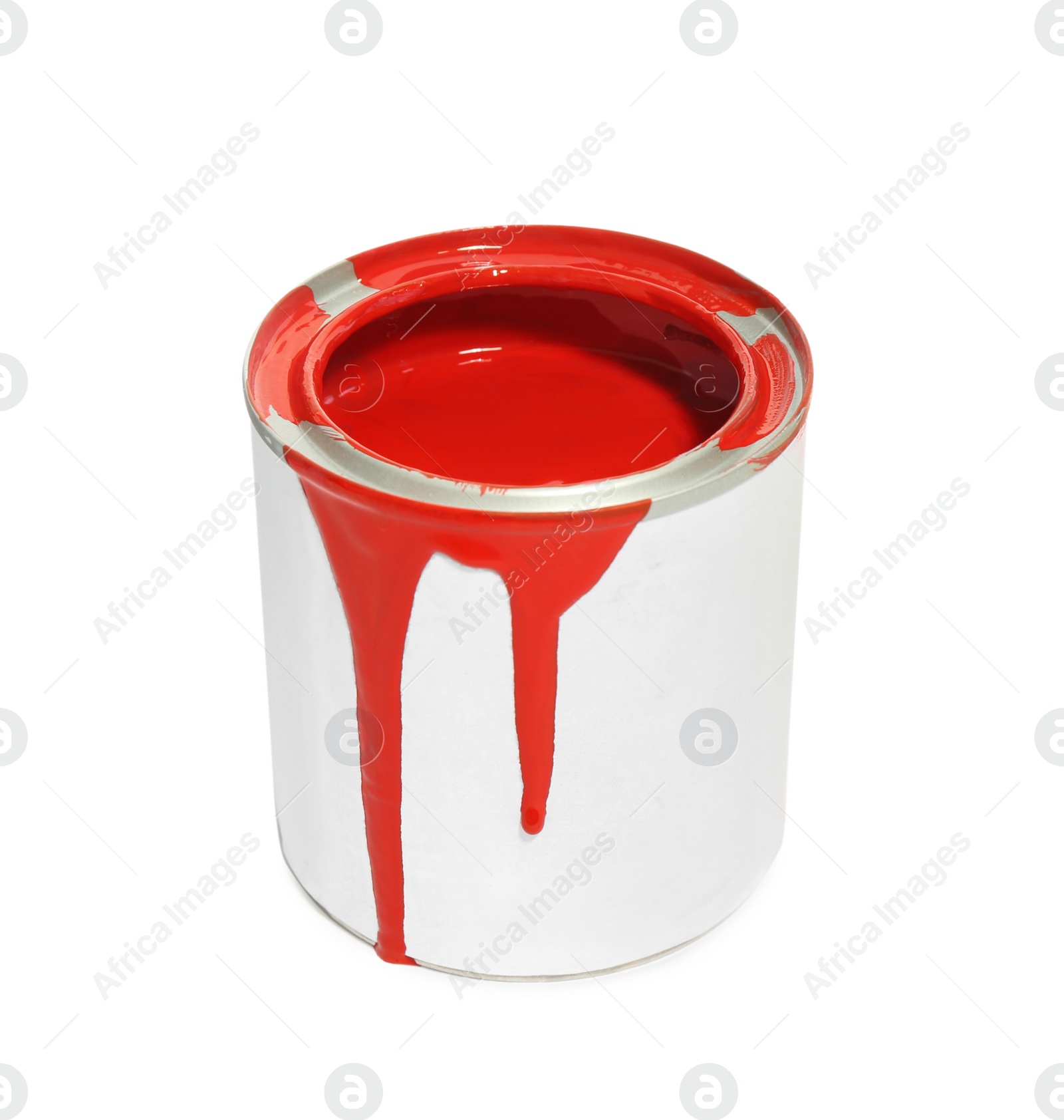 Photo of Can of red paint on white background