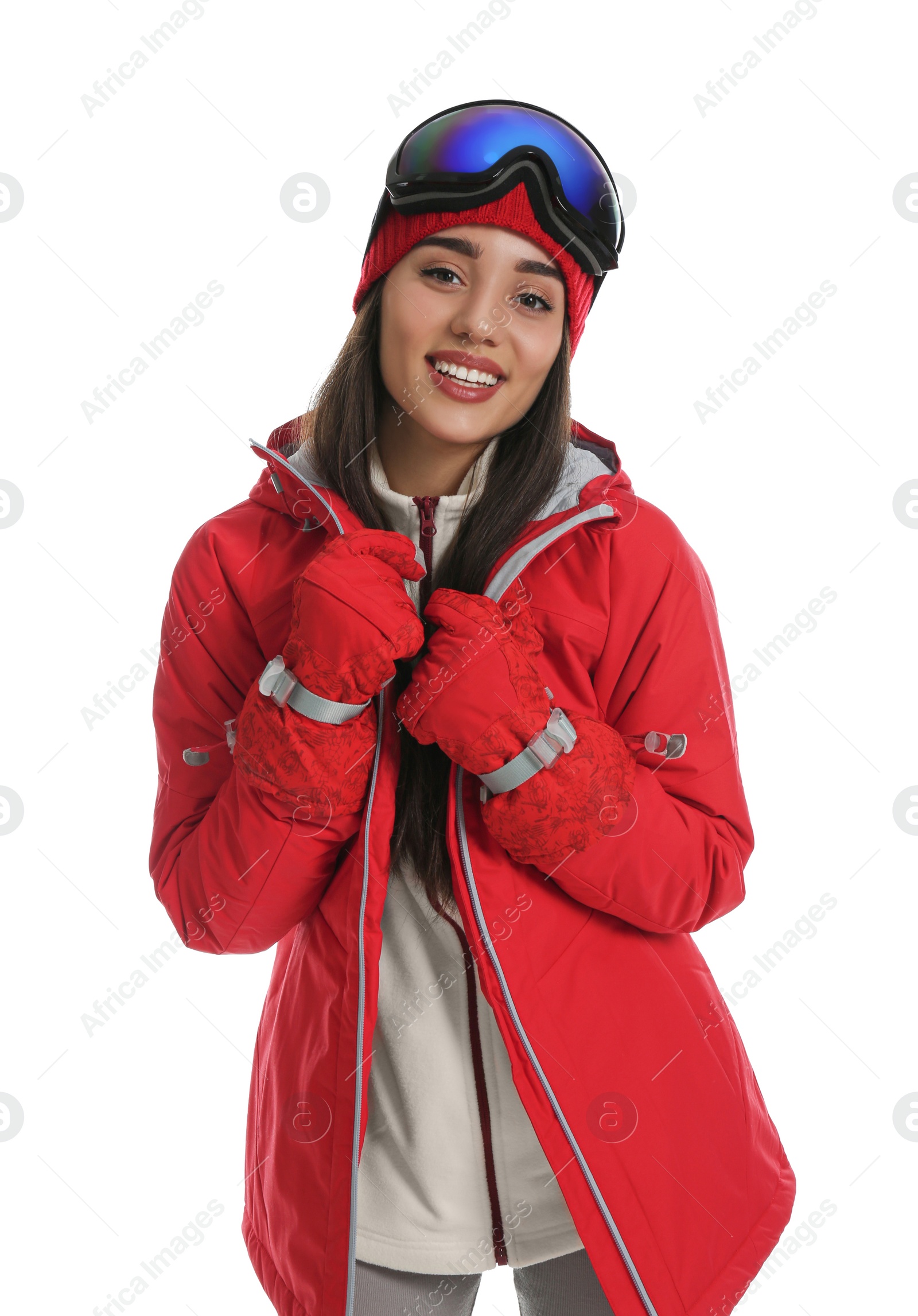 Photo of Woman wearing stylish winter sport clothes on white background