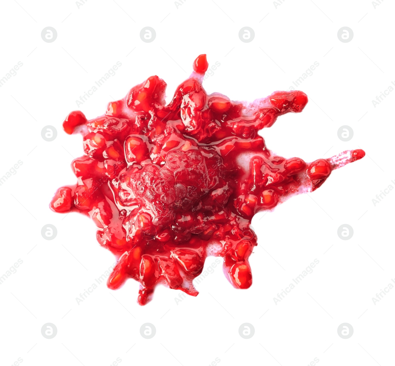 Photo of Ripe squashed raspberry on white background, top view