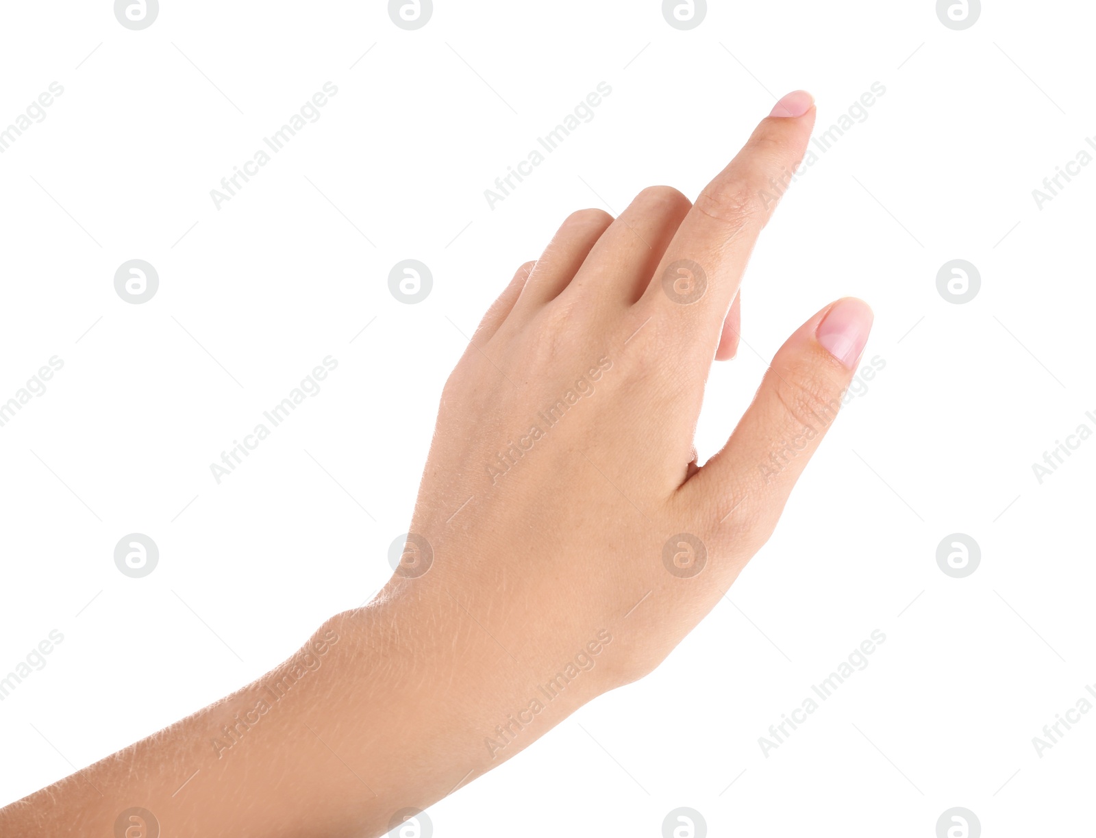 Photo of Abstract young woman's hand on white background