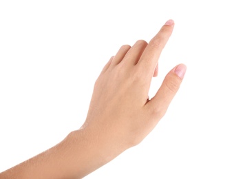 Abstract young woman's hand on white background