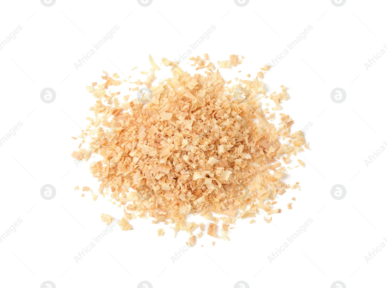 Photo of Pile of natural sawdust isolated on white, top view