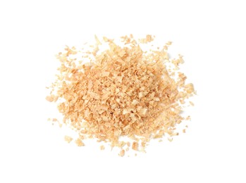 Photo of Pile of natural sawdust isolated on white, top view