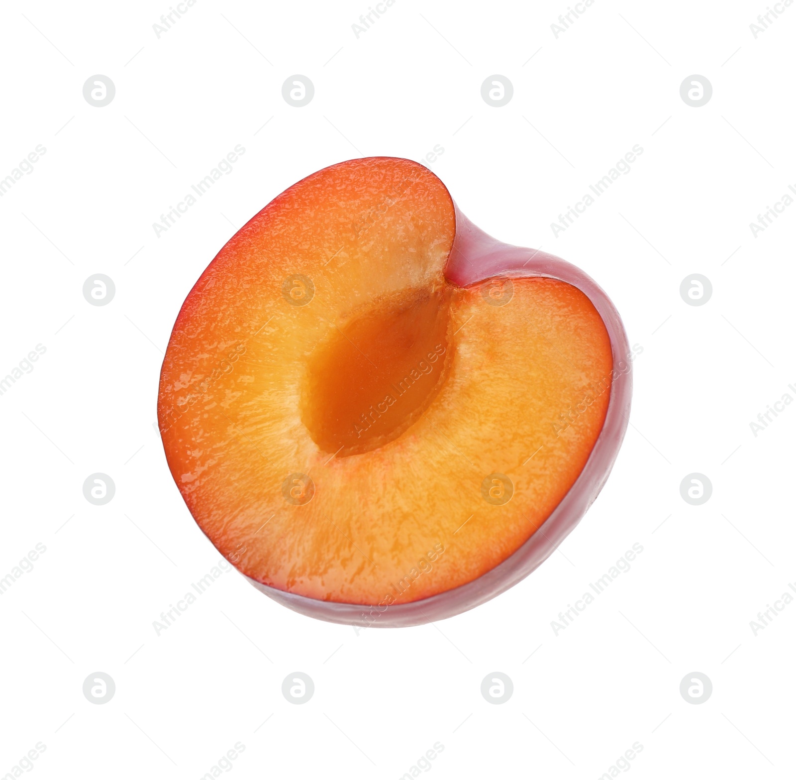 Photo of Cut fresh ripe plum isolated on white