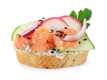 Photo of Tasty canape with salmon, cucumber, radish and cream cheese isolated on white