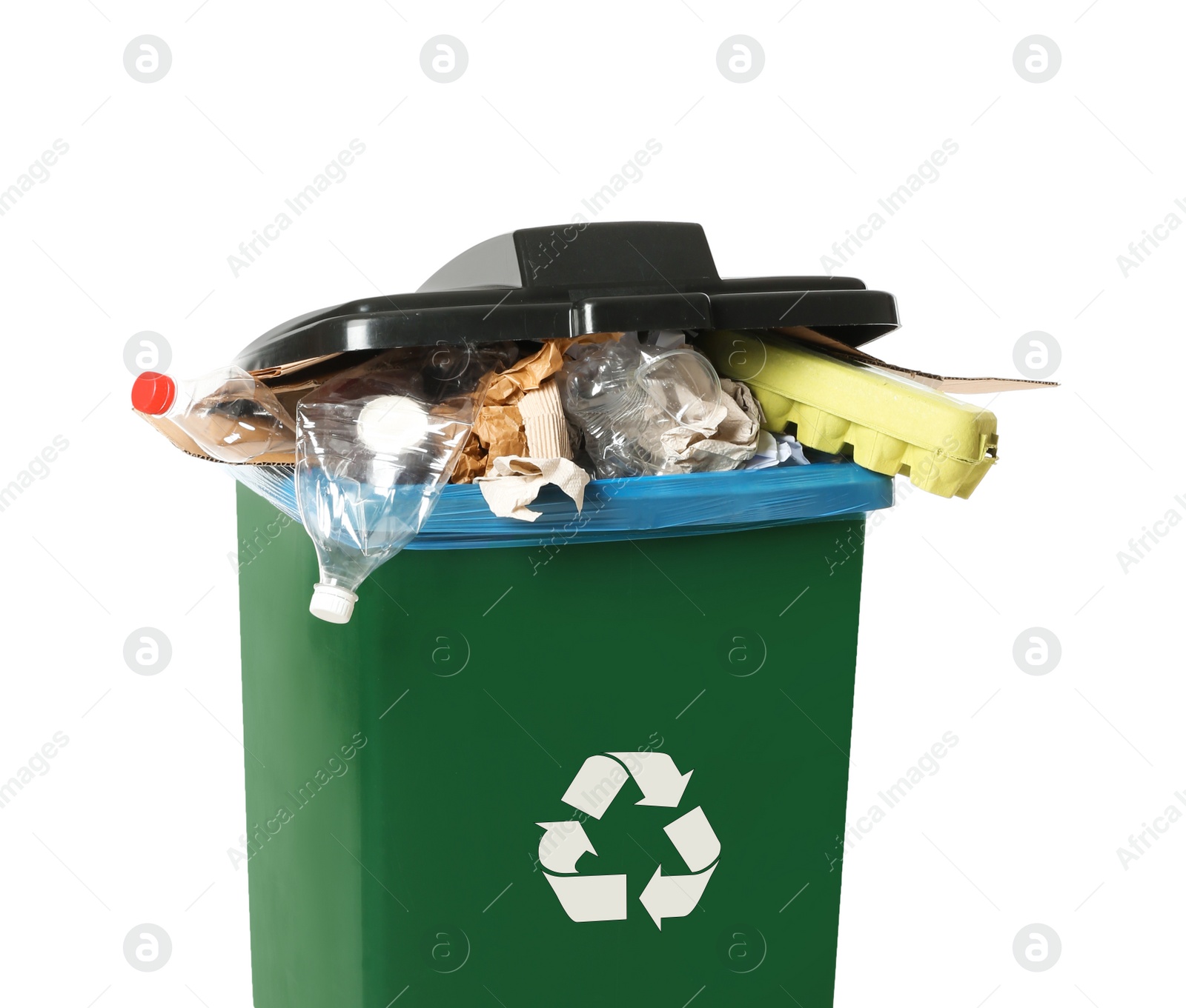 Photo of Trash bin with garbage on white background. Waste recycling