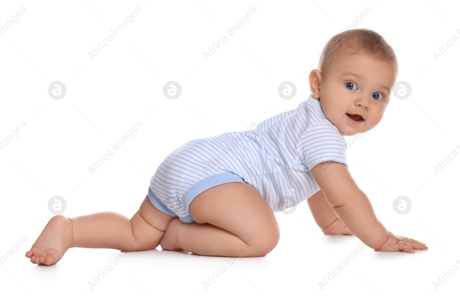 Photo of Cute little baby boy crawling on white background