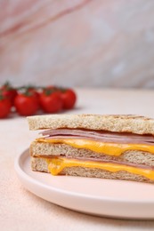 Photo of Delicious grilled sandwich with ham and cheese on light table