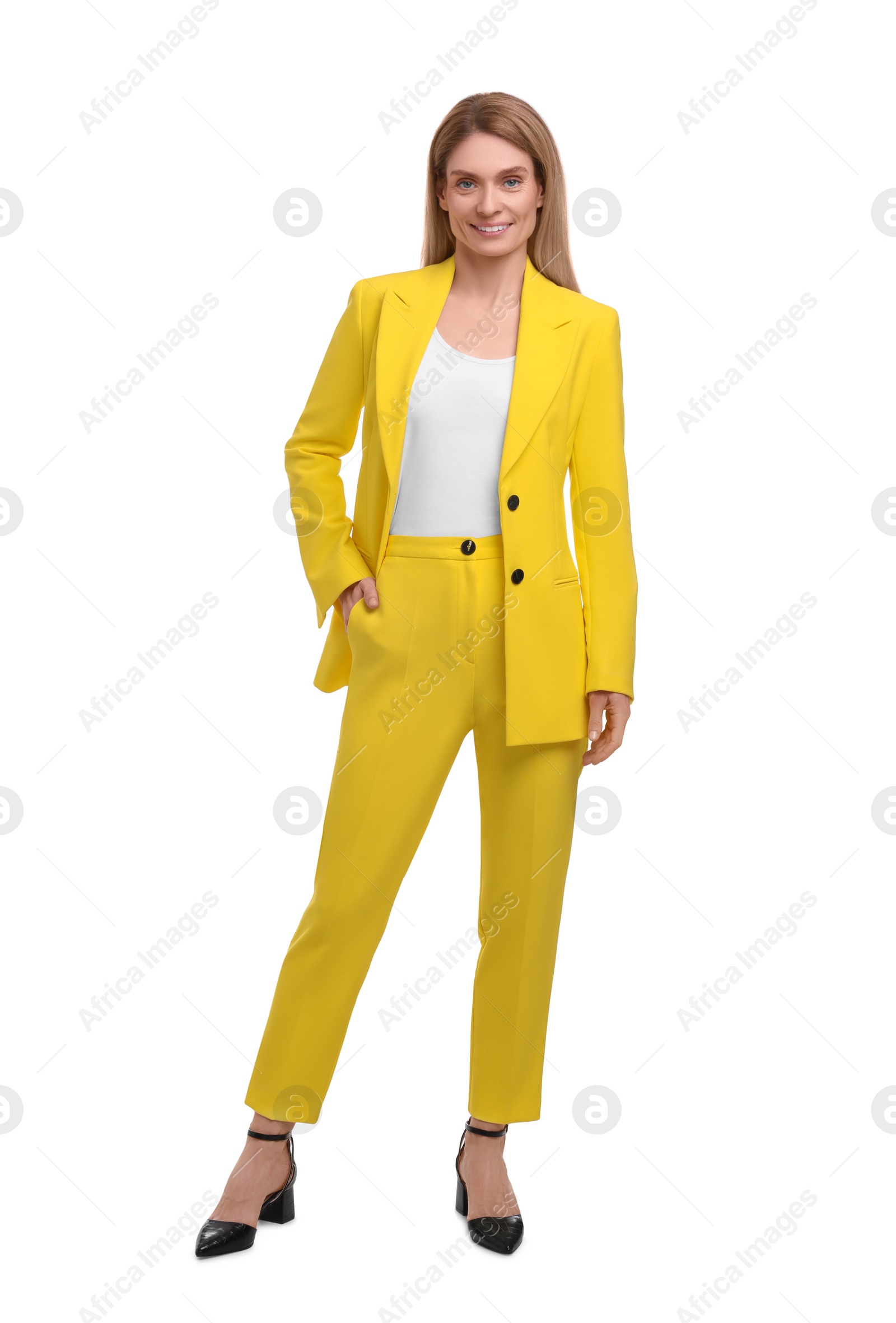 Photo of Beautiful happy businesswoman posing on white background