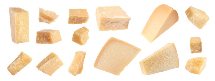 Image of Set with pieces of delicious parmesan cheese on white background. Banner design