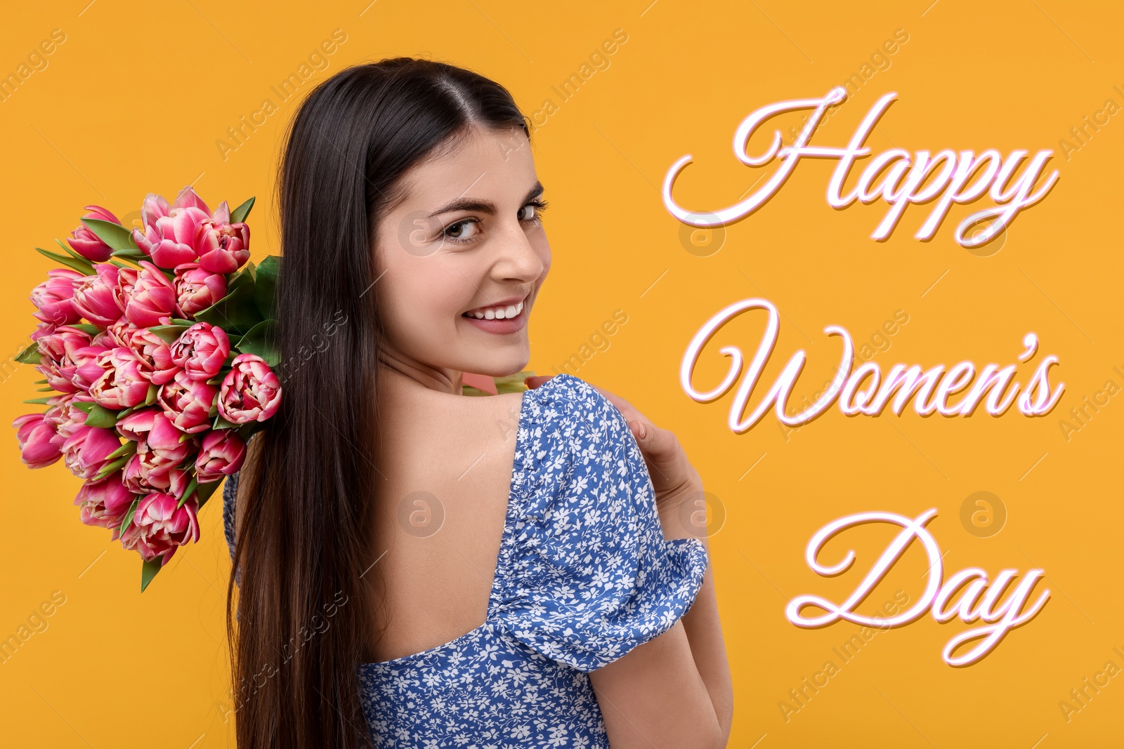 Image of Happy Women's Day - March 8. Attractive lady with bouquet of tulips on orange background