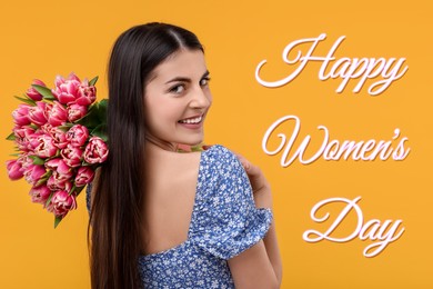 Happy Women's Day - March 8. Attractive lady with bouquet of tulips on orange background