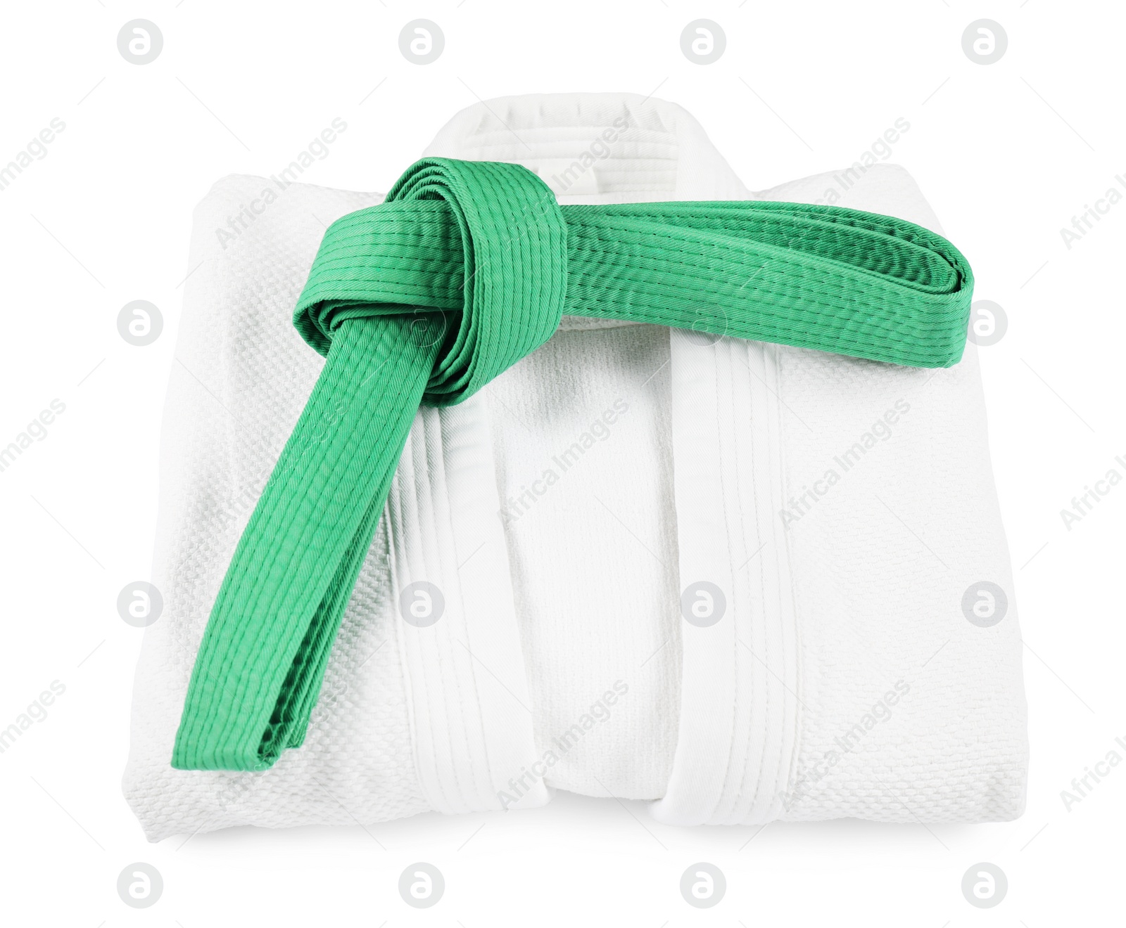 Photo of Green karate belt and kimono isolated on white