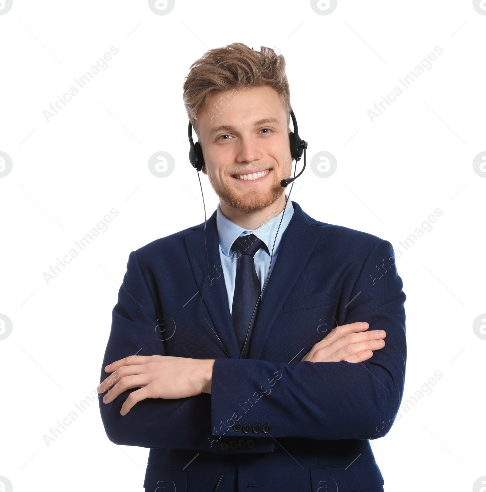 Photo of Technical support operator with headset on white background